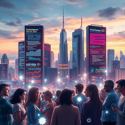 A visually striking representation of the challenges of artificial intelligence, featuring a futuristic city skyline with towering digital screens displaying conflicting data and algorithms