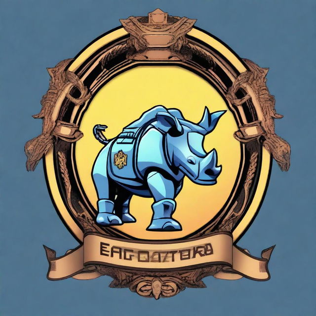 A compelling digital art image showcasing an emblematic crest with a robotic rhinoceros and the text 'EPIC TOLOL' integrated into the design