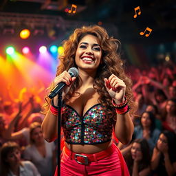 A vibrant and dynamic portrait of a young female singer, standing on stage with an enthusiastic crowd in the background