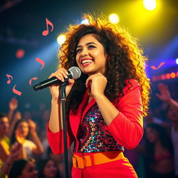 A vibrant and dynamic portrait of a young female singer, standing on stage with an enthusiastic crowd in the background