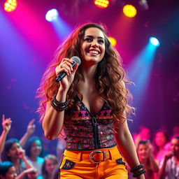 A vibrant and dynamic portrait of a young female singer, standing on stage with an enthusiastic crowd in the background
