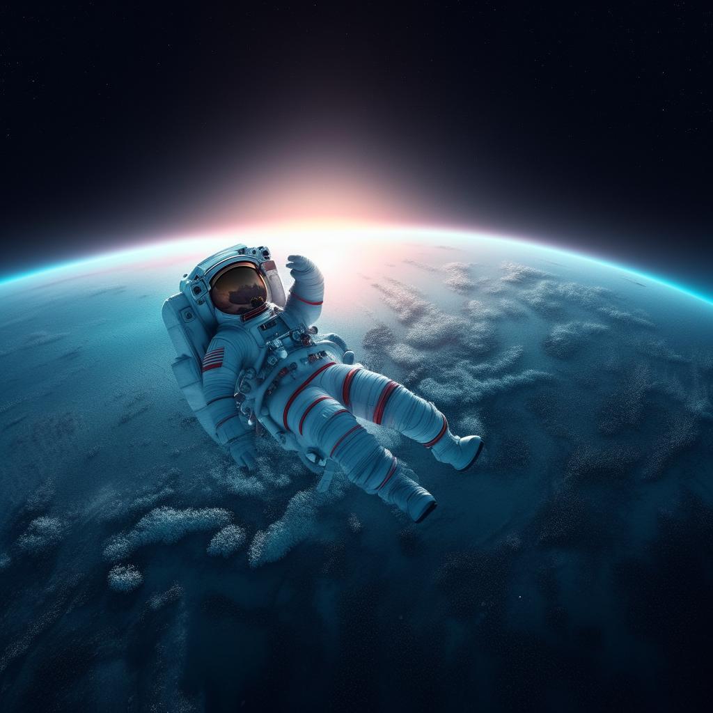 An astronaut floating in space, with the turquoise earth in the backdrop, adorned by a surreal sunset