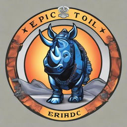 A compelling digital art image showcasing an emblematic crest with a robotic rhinoceros and the text 'EPIC TOLOL' integrated into the design