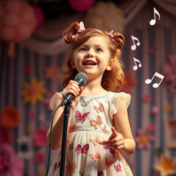 An enchanting scene of a young girl, around 8 years old, passionately singing on stage