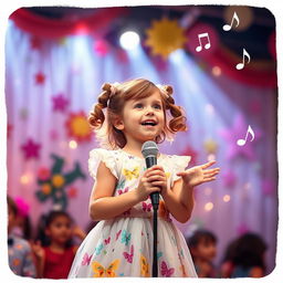 An enchanting scene of a young girl, around 8 years old, passionately singing on stage