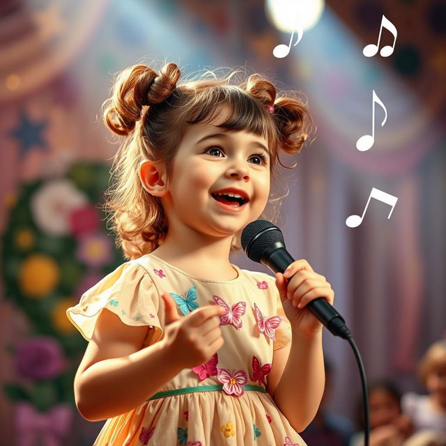 An enchanting scene of a young girl, around 8 years old, passionately singing on stage