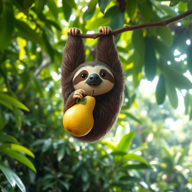 A cute sloth casually eating a ripe pear while hanging upside down from a tree branch in a lush, green rainforest