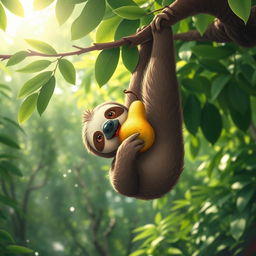 A cute sloth casually eating a ripe pear while hanging upside down from a tree branch in a lush, green rainforest
