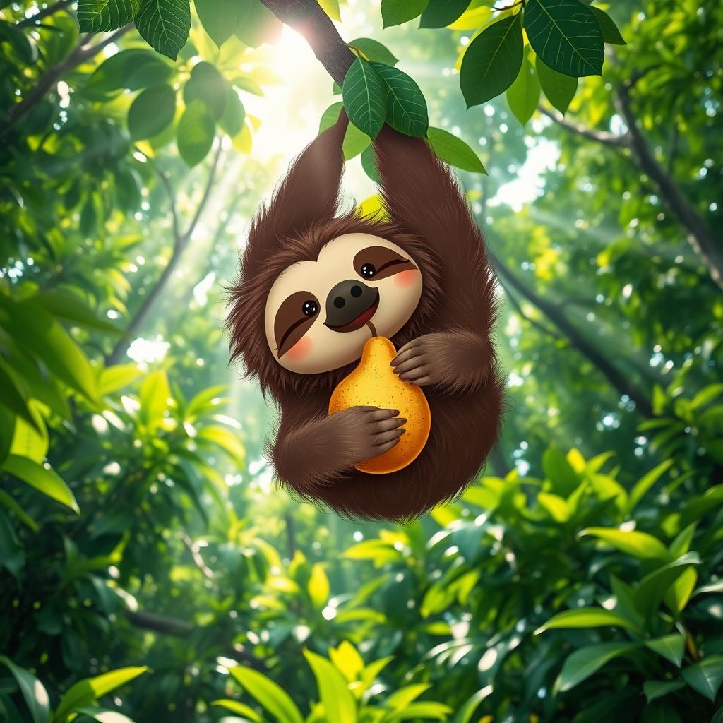 A cute sloth casually eating a ripe pear while hanging upside down from a tree branch in a lush, green rainforest