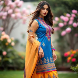A beautiful woman wearing a vibrant, stylish shalwar kameez that accentuates her curvy figure