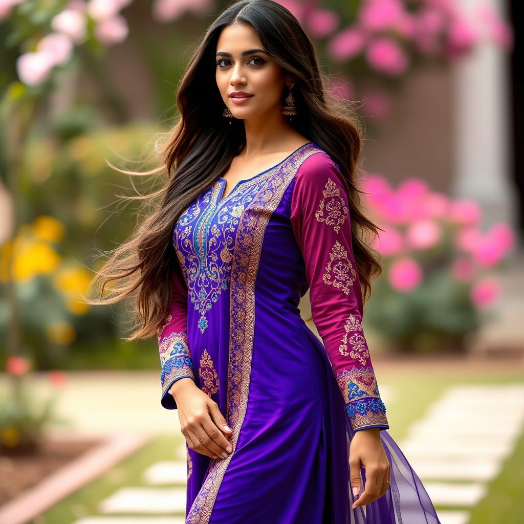A beautiful woman wearing a vibrant, stylish shalwar kameez that accentuates her curvy figure