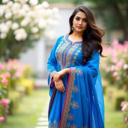 A beautiful woman wearing a vibrant, stylish shalwar kameez that accentuates her curvy figure