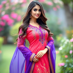 A beautiful woman wearing a vibrant, stylish shalwar kameez that accentuates her curvy figure