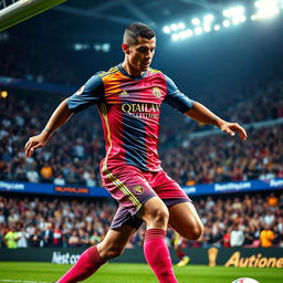 A dynamic action shot of Cristiano Ronaldo, the famous football player, in mid-action during a game