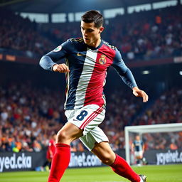 A dynamic action shot of Cristiano Ronaldo, the famous football player, in mid-action during a game