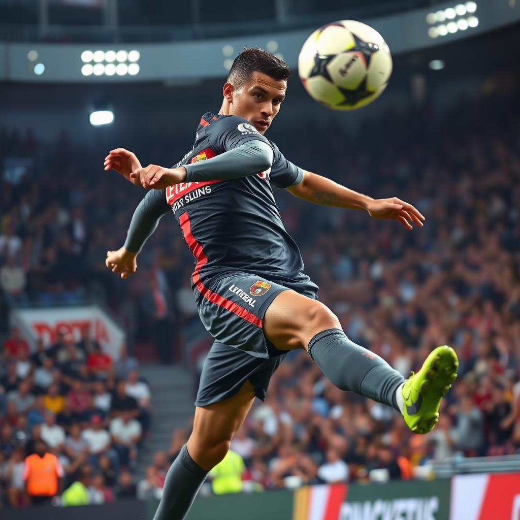 A dynamic action shot of Cristiano Ronaldo, the famous football player, in mid-action during a game