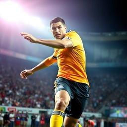 A dynamic action shot of Cristiano Ronaldo, the famous football player, in mid-action during a game