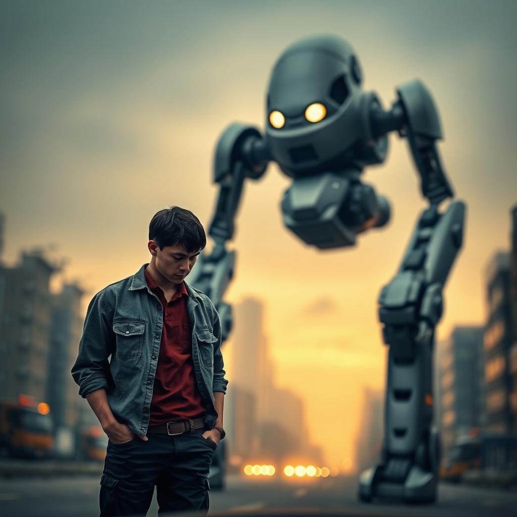 A poignant scene depicting a human figure standing solemnly, overshadowed by a large, imposing robot that looms over them