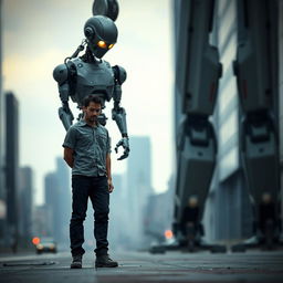 A poignant scene depicting a human figure standing solemnly, overshadowed by a large, imposing robot that looms over them