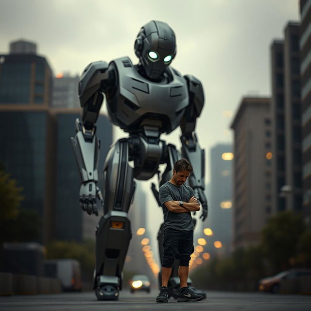 A poignant scene depicting a human figure standing solemnly, overshadowed by a large, imposing robot that looms over them