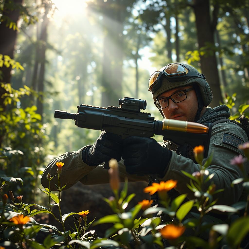A dramatic scene capturing a soldier firing a futuristic rifle in a dense forest environment