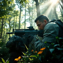 A dramatic scene capturing a soldier firing a futuristic rifle in a dense forest environment