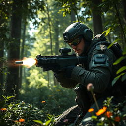 A dramatic scene capturing a soldier firing a futuristic rifle in a dense forest environment