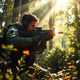A dramatic scene capturing a soldier firing a futuristic rifle in a dense forest environment