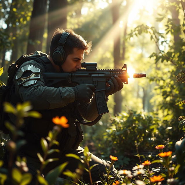A dramatic scene capturing a soldier firing a futuristic rifle in a dense forest environment