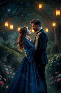 An enchanting scene that captures a captivating mystery romance, featuring a couple in an intimate embrace under a starlit sky in a secluded garden