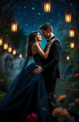 An enchanting scene that captures a captivating mystery romance, featuring a couple in an intimate embrace under a starlit sky in a secluded garden