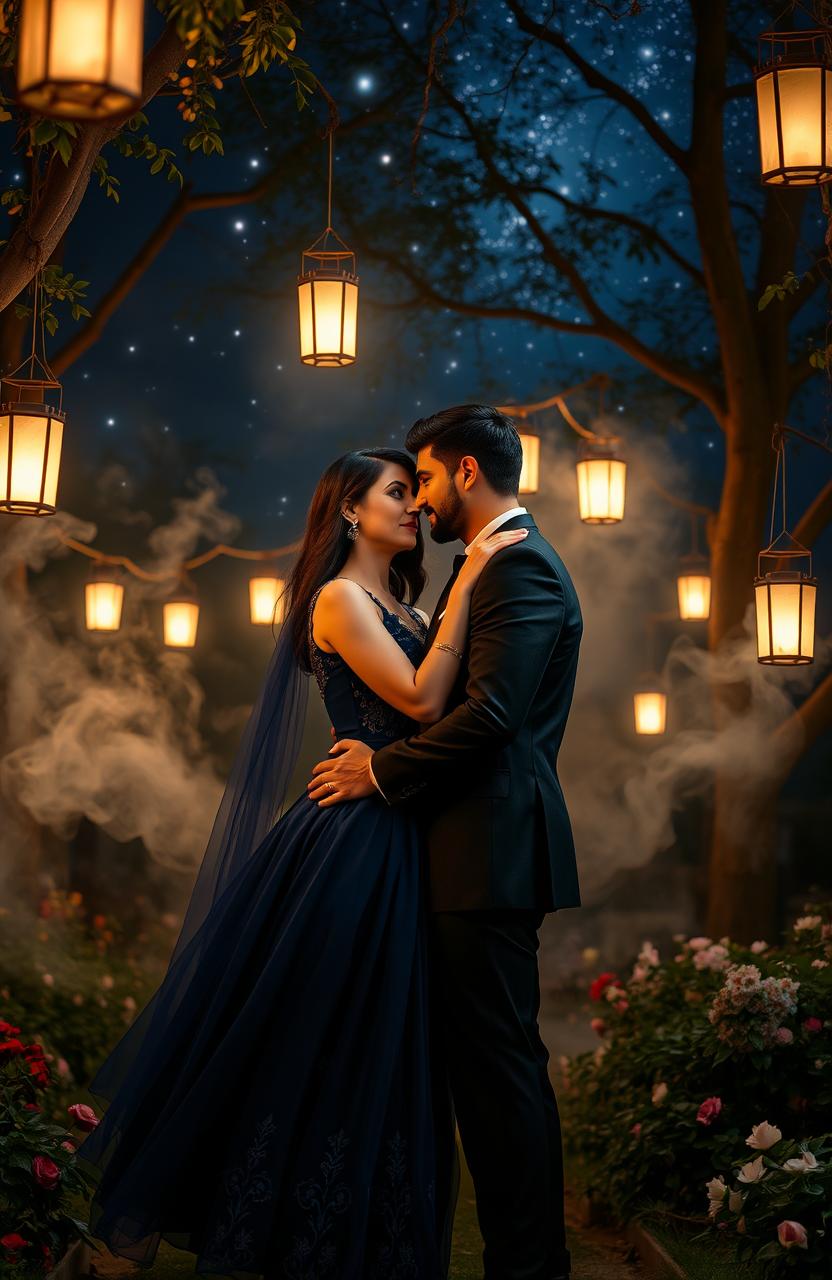 An enchanting scene that captures a captivating mystery romance, featuring a couple in an intimate embrace under a starlit sky in a secluded garden