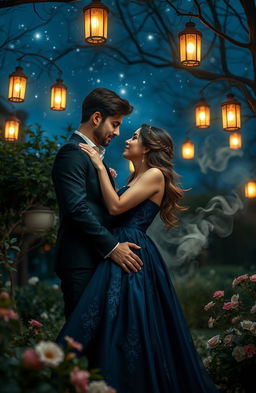 An enchanting scene that captures a captivating mystery romance, featuring a couple in an intimate embrace under a starlit sky in a secluded garden