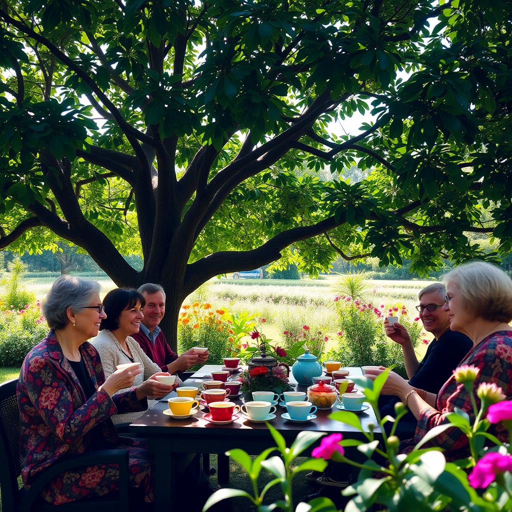 A serene scene of a traditional tea gathering in a lush green garden, featuring people enjoying cups of tea under a large, leafy tree