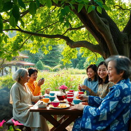 A serene scene of a traditional tea gathering in a lush green garden, featuring people enjoying cups of tea under a large, leafy tree