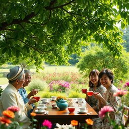A serene scene of a traditional tea gathering in a lush green garden, featuring people enjoying cups of tea under a large, leafy tree