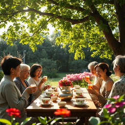 A serene scene of a traditional tea gathering in a lush green garden, featuring people enjoying cups of tea under a large, leafy tree