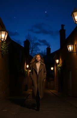 A woman walking casually between old cobblestone houses on a dimly lit street at night