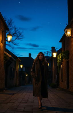 A woman walking casually between old cobblestone houses on a dimly lit street at night