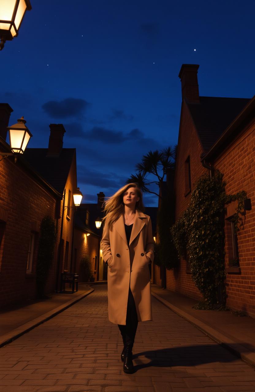 A woman walking casually between old cobblestone houses on a dimly lit street at night