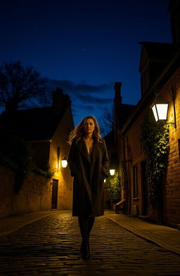 A woman walking casually between old cobblestone houses on a dimly lit street at night