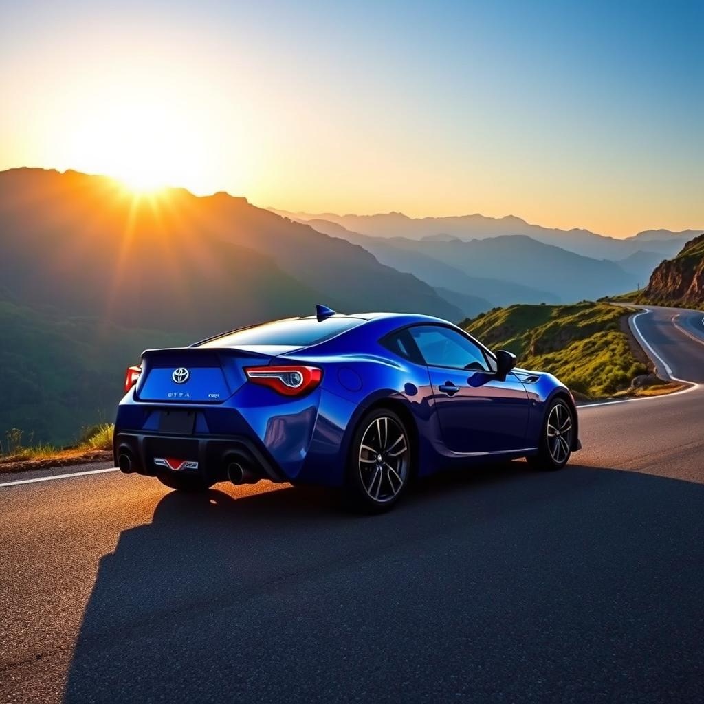 A sleek 2023 Toyota GT86 sports car parked on a scenic mountain road, showcasing its dynamic lines and sporty design