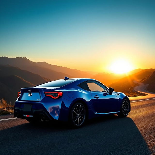 A sleek 2023 Toyota GT86 sports car parked on a scenic mountain road, showcasing its dynamic lines and sporty design