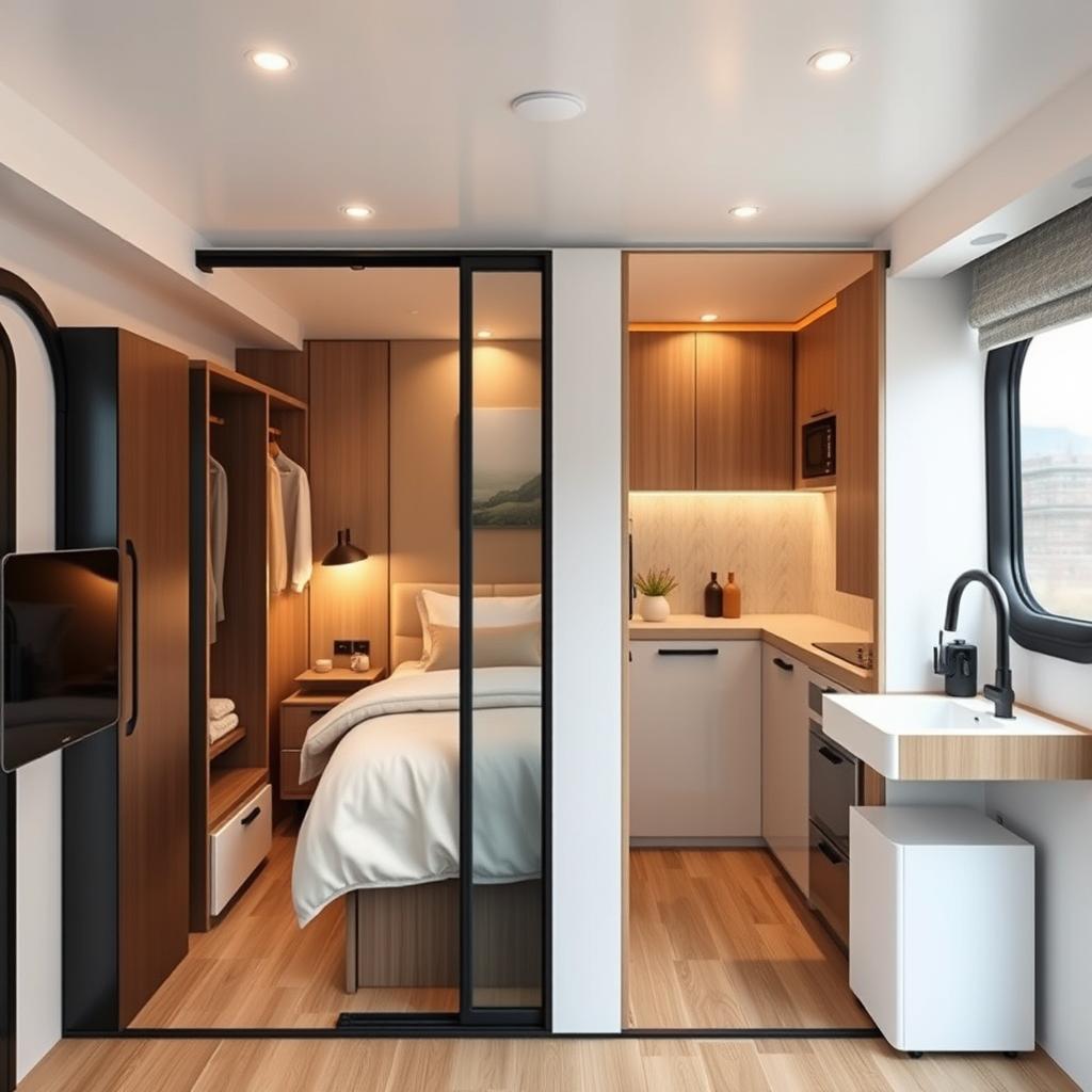 A beautifully designed interior environment measuring 6 meters long by 3 meters wide, featuring two distinct spaces