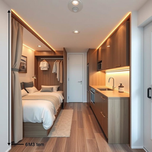 A beautifully designed interior environment measuring 6 meters long by 3 meters wide, featuring two distinct spaces