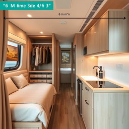 A beautifully designed interior environment measuring 6 meters long by 3 meters wide, featuring two distinct spaces