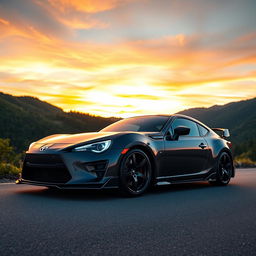 A stunning Toyota GT86 with a sleek carbon fiber body kit, parked on a scenic mountain road during sunset