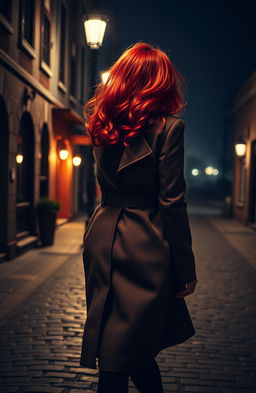 A woman with vibrant red curls, gracefully walking along a dimly lit street at night