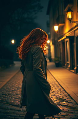 A woman with vibrant red curls, gracefully walking along a dimly lit street at night