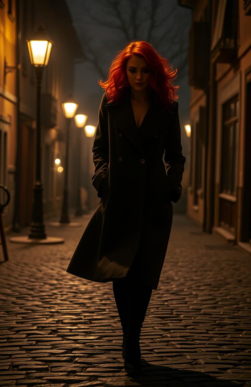 A woman with vibrant red curls, gracefully walking along a dimly lit street at night